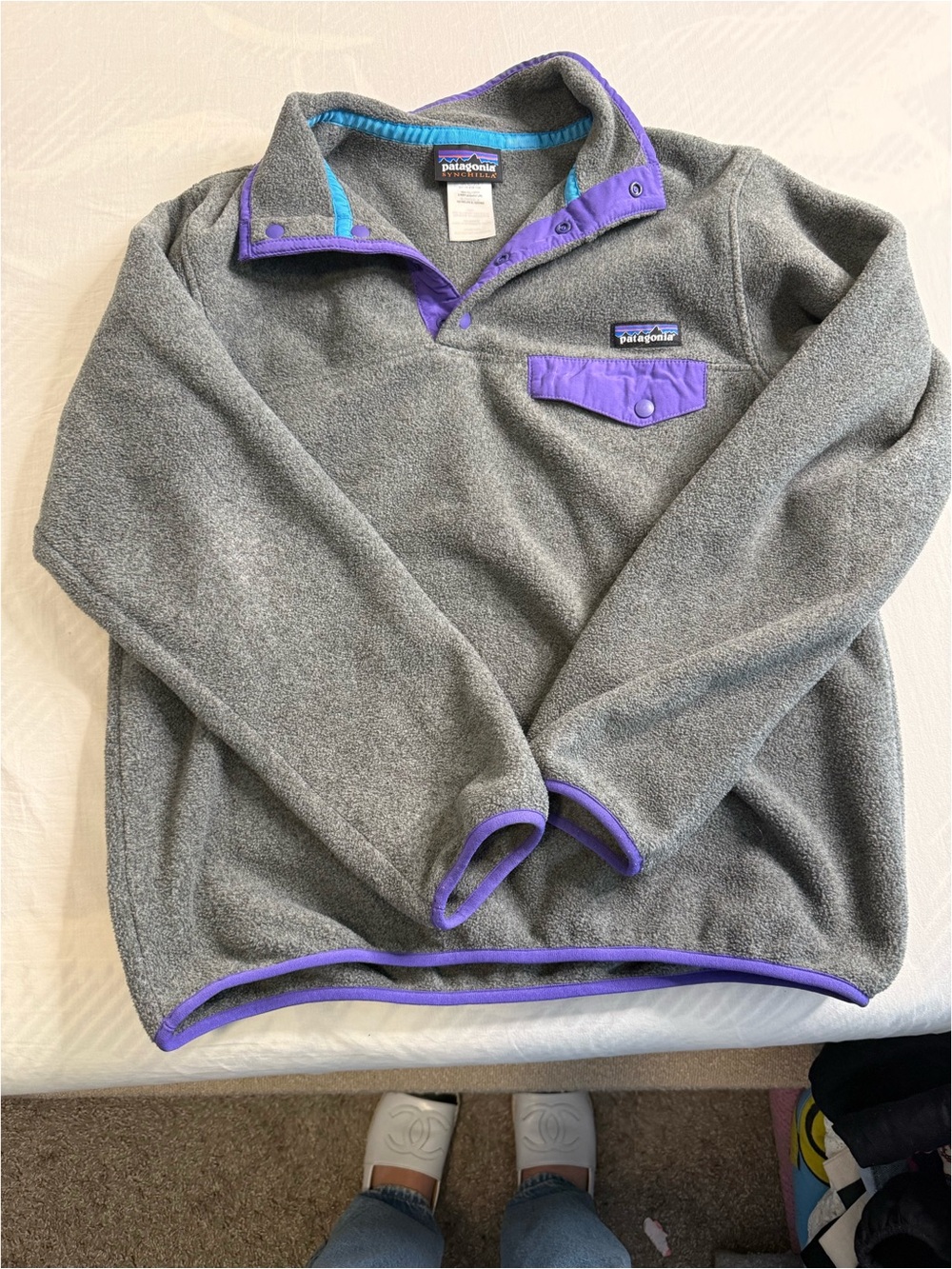 Patagonia Gray Fleece Pullover with Purple Trim